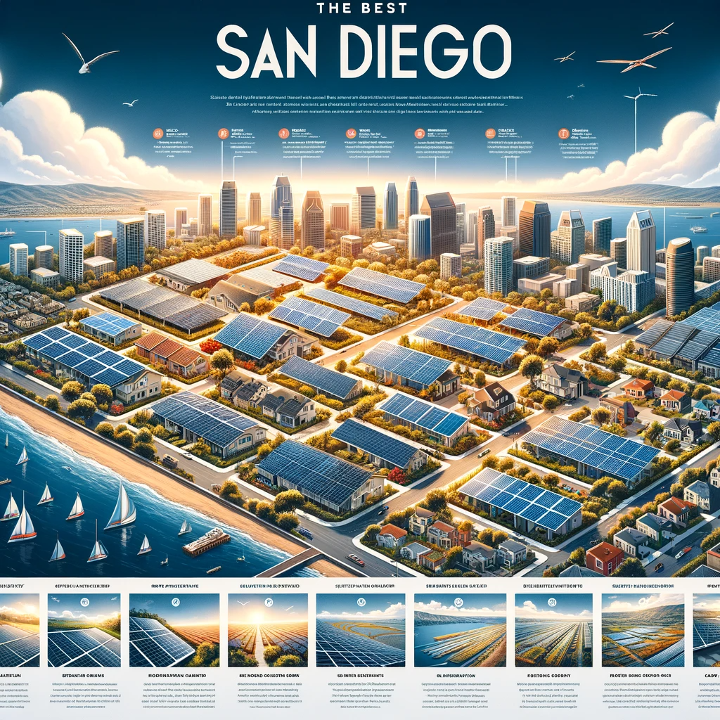 A guide showcasing the top solar energy solutions in San Diego, featuring various solar panel installations with labels and descriptions, set against a panoramic view of the city.