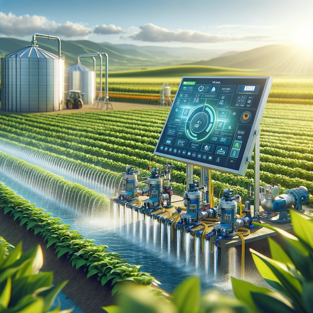 Advanced Homa C Series CA and CTP Series pumps in a lush, efficiently irrigated farm, with a high-tech control system monitoring the irrigation process under clear skies.